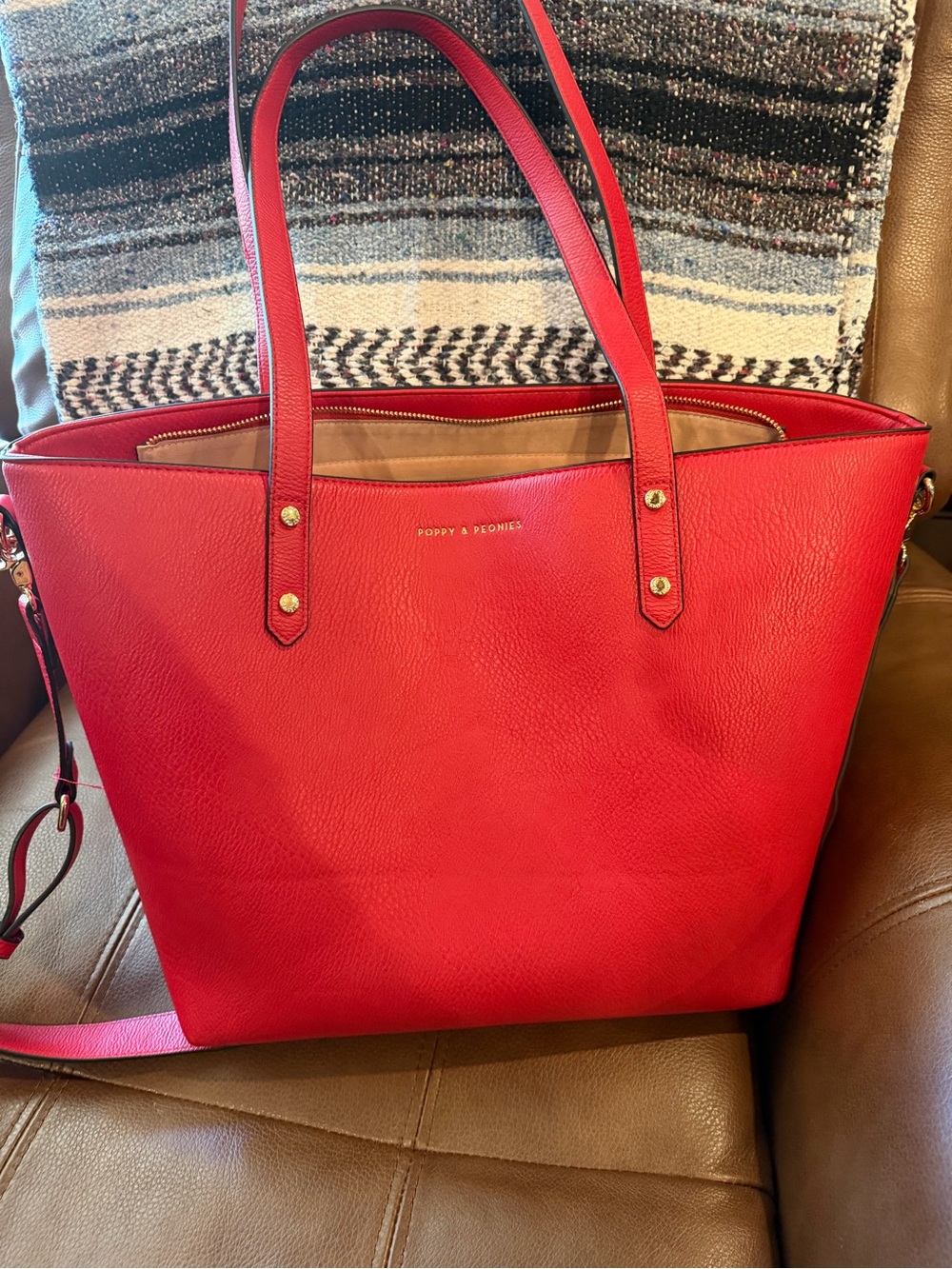 Poppy & Peonies Red Pebbled Leather Tote with Crossbody Strap